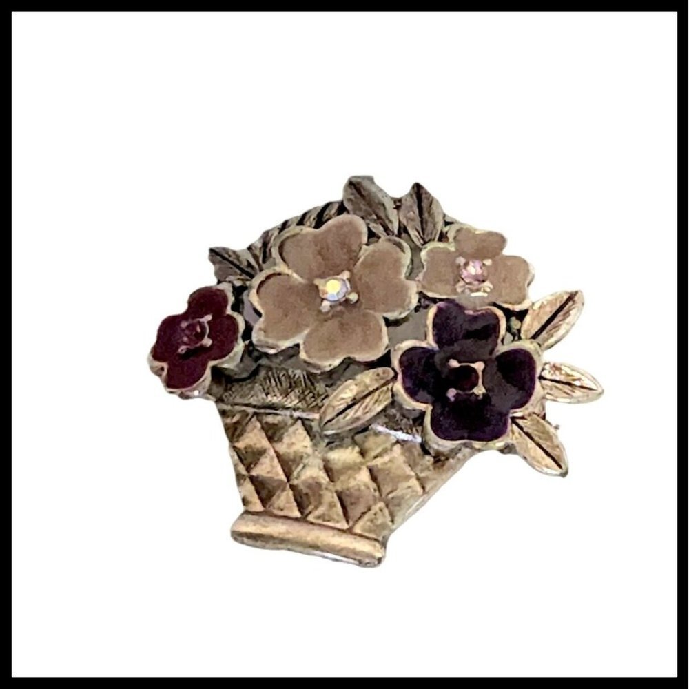 Vintage Liz Claiborne Flower Basket Pin Brooch‎ Enamel Silver Tone Rhinestone